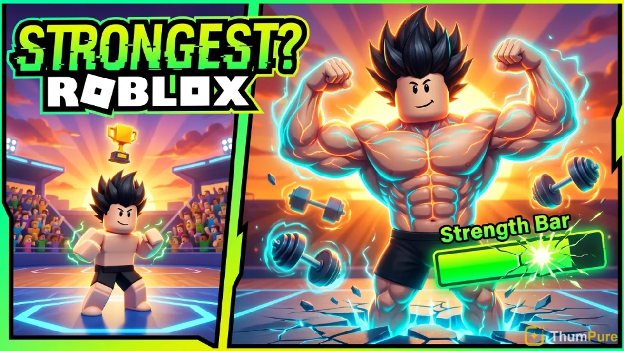 Gaming YouTube thumbnail maker — Roblox Strongest character challenge with strength bar — AI thumbnail generator for Roblox gamers | ThumPure